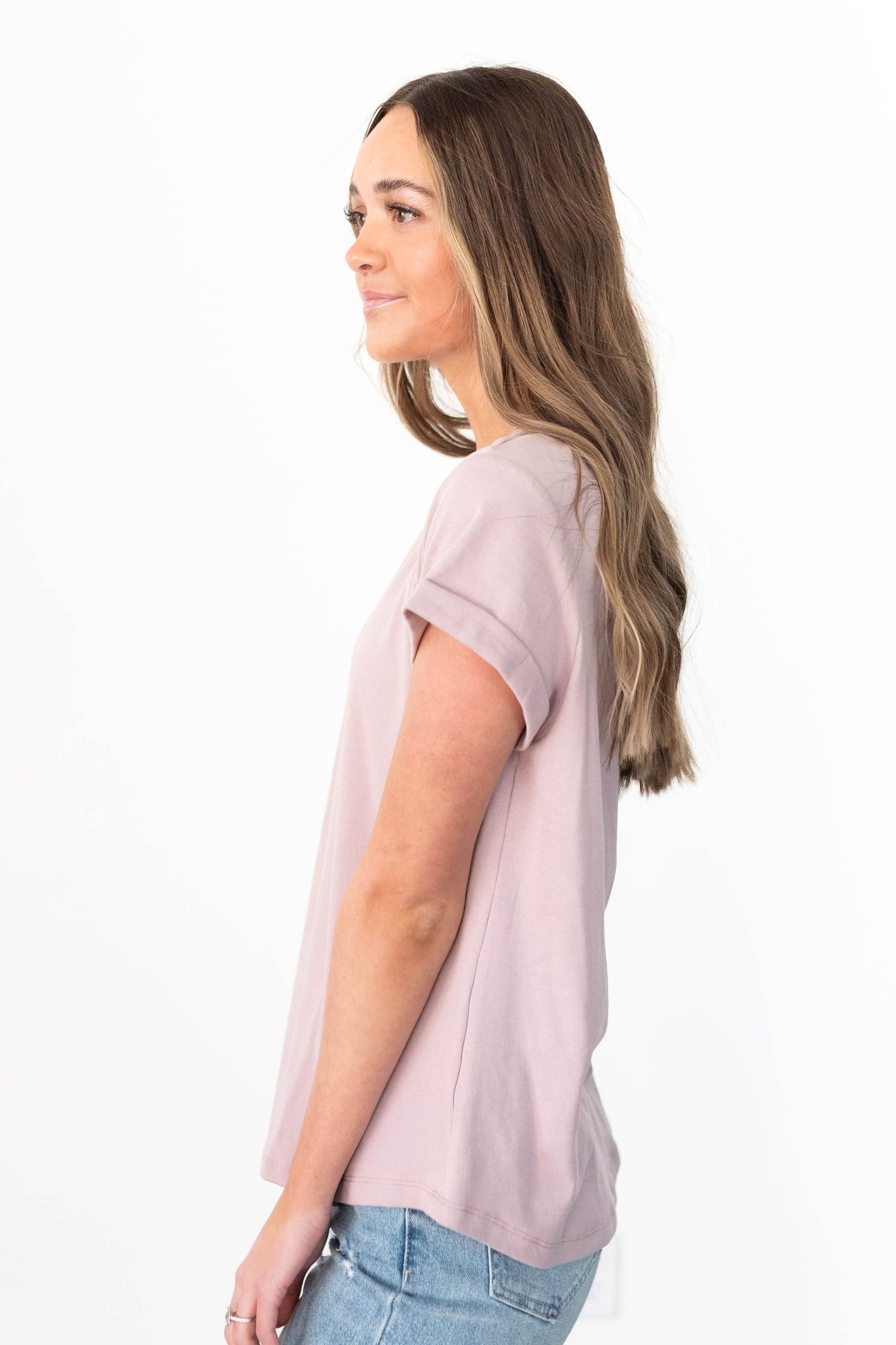 Side view of a dusty mauve top