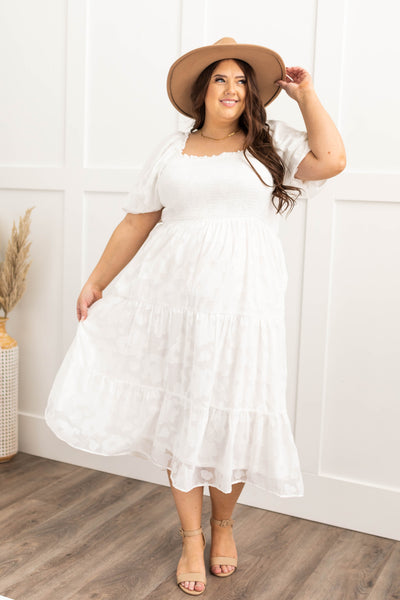 Short sleeve plus size white dress with smocked bodice