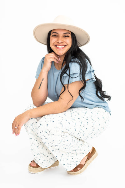 Large ivory floral pants with blue flowers