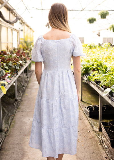 Back view of a light blue dress