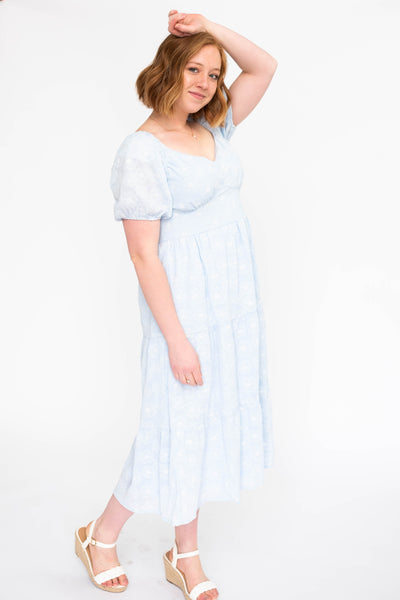 High waisted light blue dress with tiered skirt