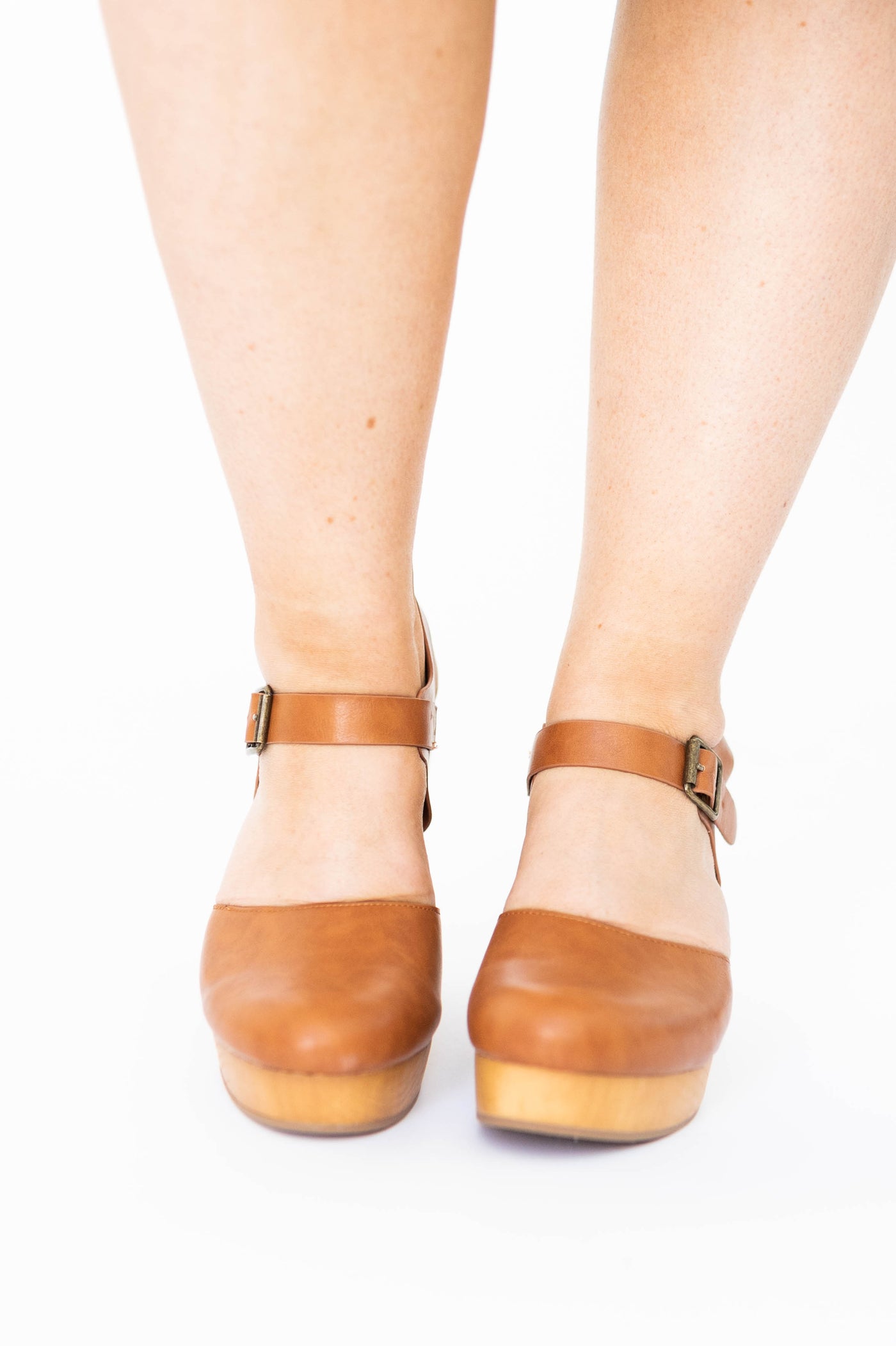 Tan sandal heels with buckles