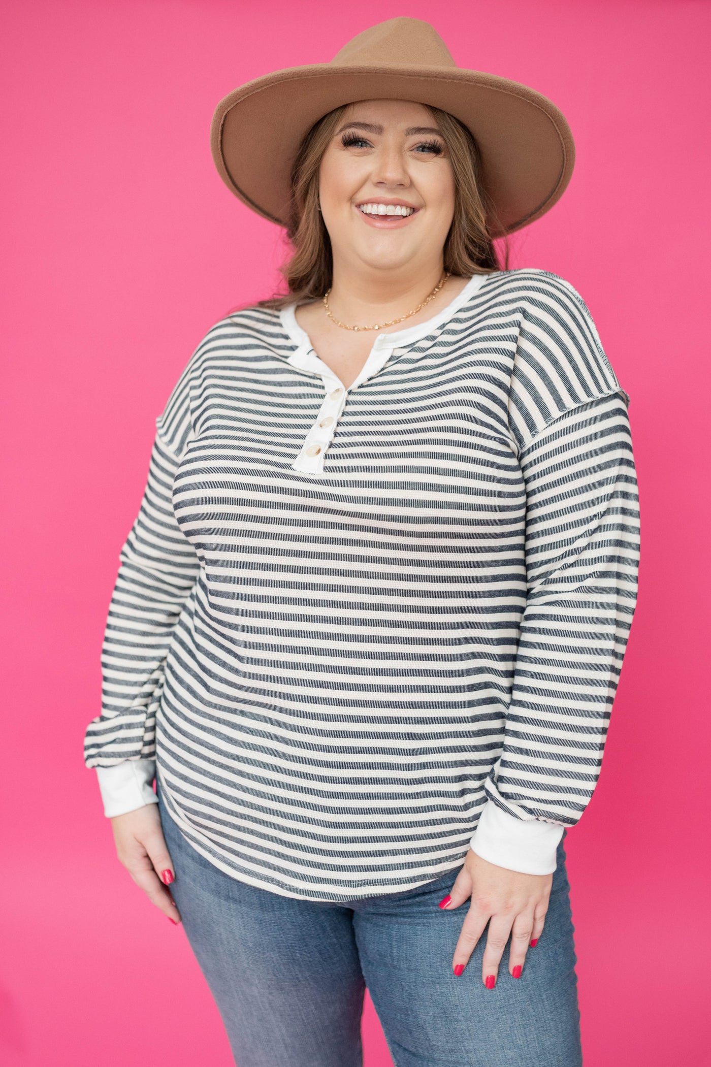 Long sleeve plus size navy striped top