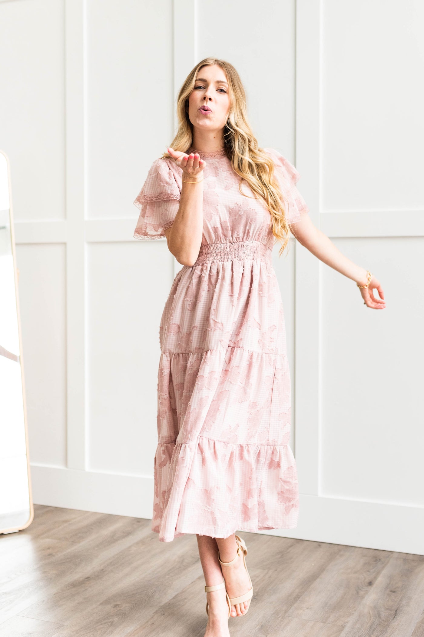 Short sleeve rose floral dress with ruffle sleeves and elastic waist
