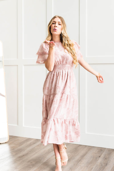 Short sleeve rose floral dress with ruffle sleeves and elastic waist