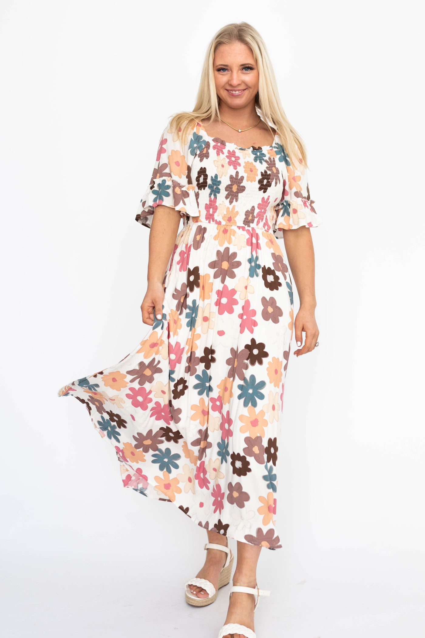 Short sleeve cream floral dress with a square neck