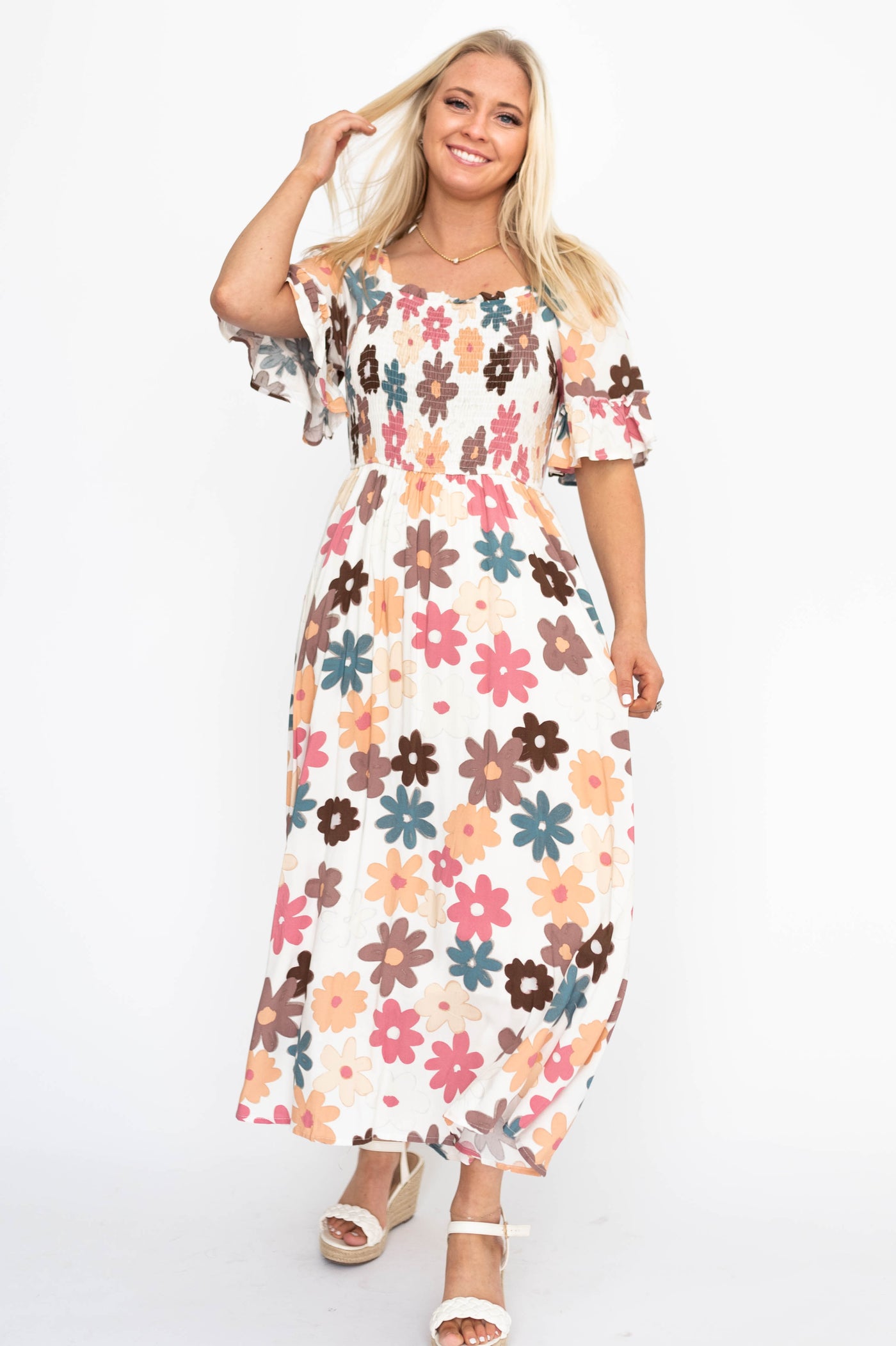 Short sleeve cream floral dress