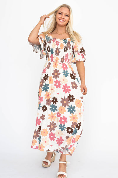 Short sleeve cream floral dress