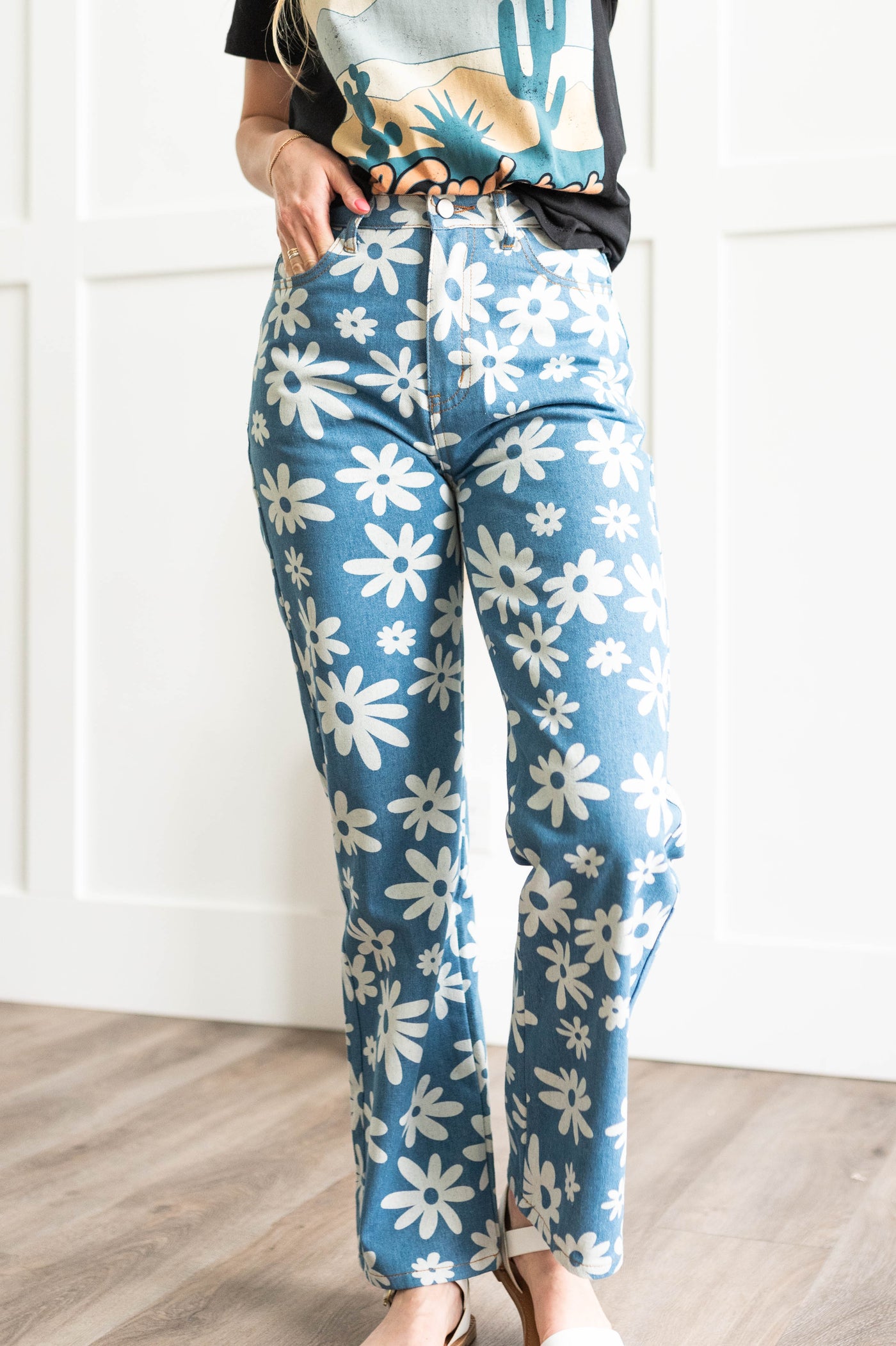 High waisted floral jeans