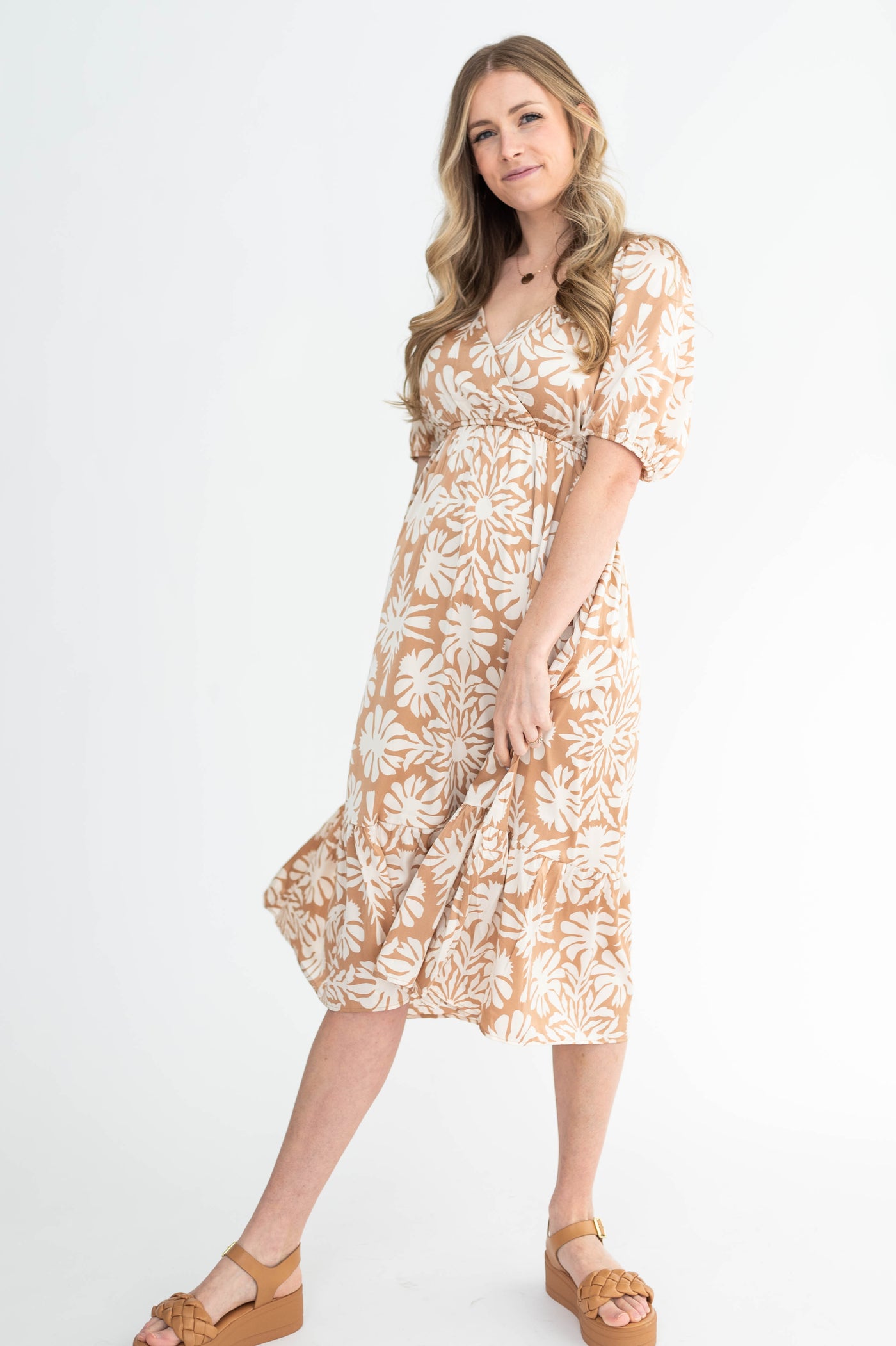 Short sleeve taupe floral dress