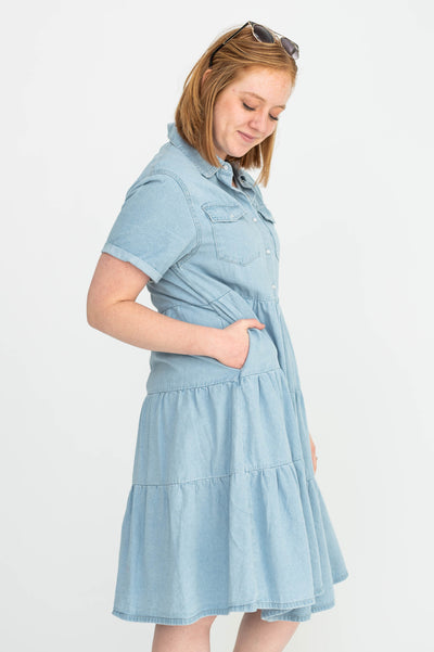 Side view of a chambray dress