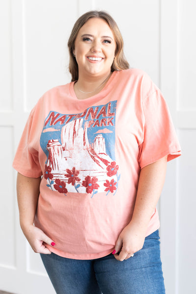 Front view of a salmon national parks tee