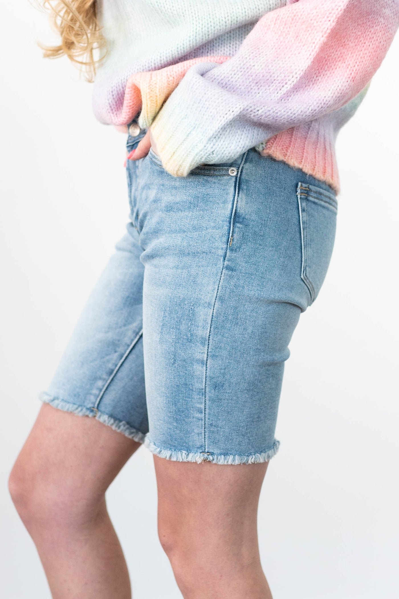 Side view of denim shorts