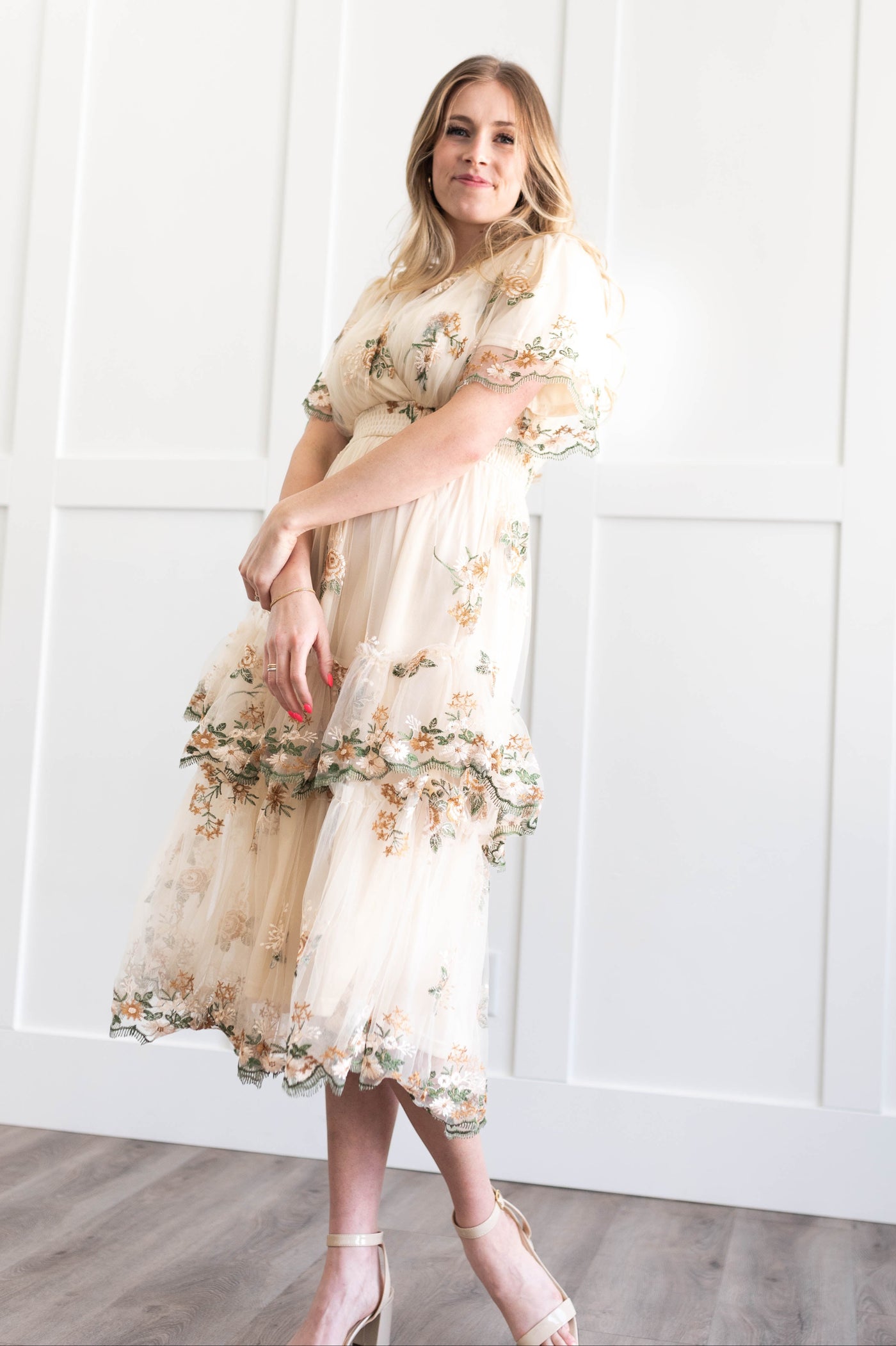 Cream lace dress with a high waist