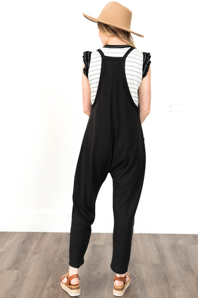 Back view of a black jumpsuit