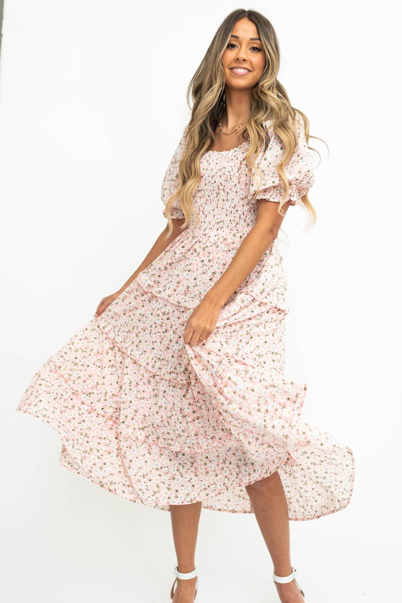 Short sleeve pink floral dress with smocked bodice