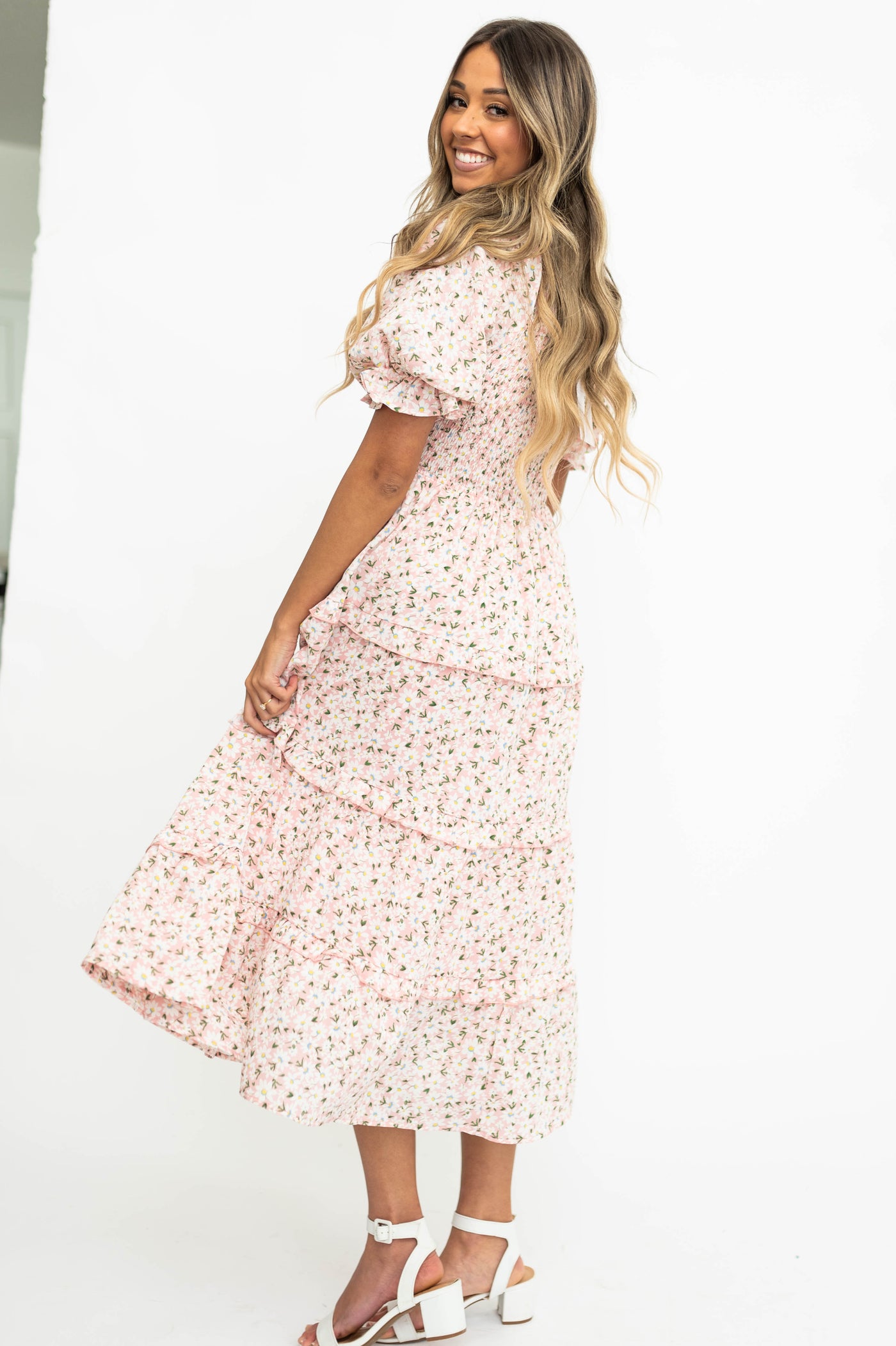 Pink floral short sleeve dress with tiered skirt