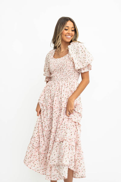 Pink floral dress with short sleeves