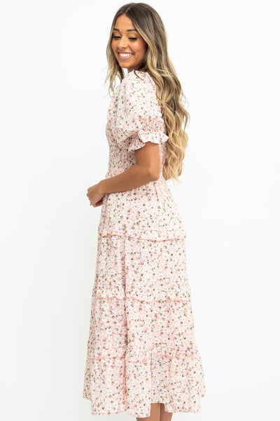 Side view of a pink floral dress