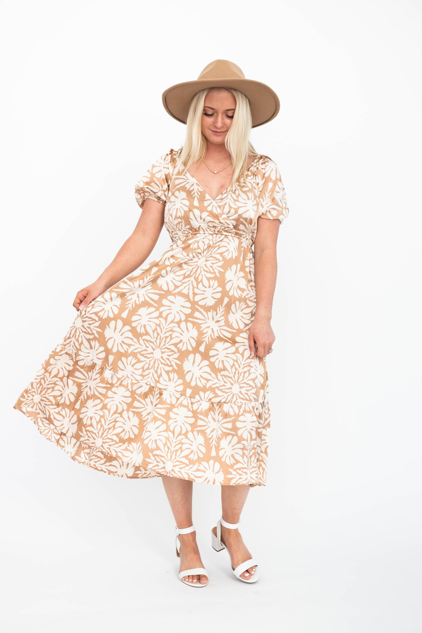Taupe floral dress with short sleeves and v-neck