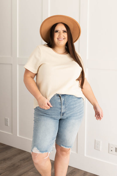 Plus size cream top with short sleeves