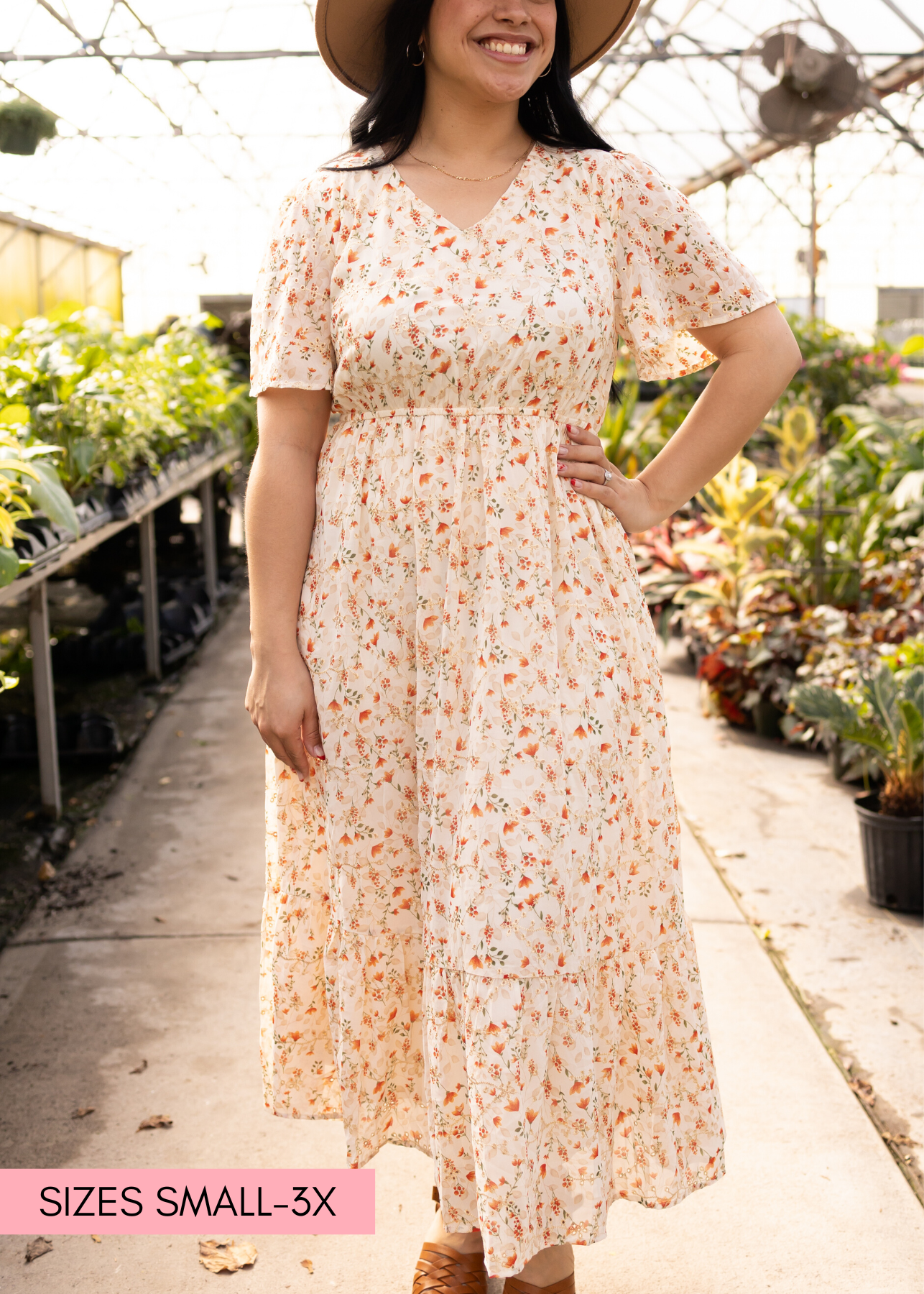 V-neck cream floral dress with short sleeves