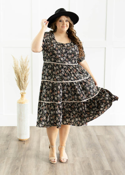 Short sleeve black floral dress with tiered skirt