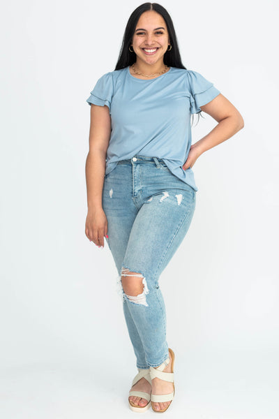 Large short sleeve blue top with ruffle sleeves