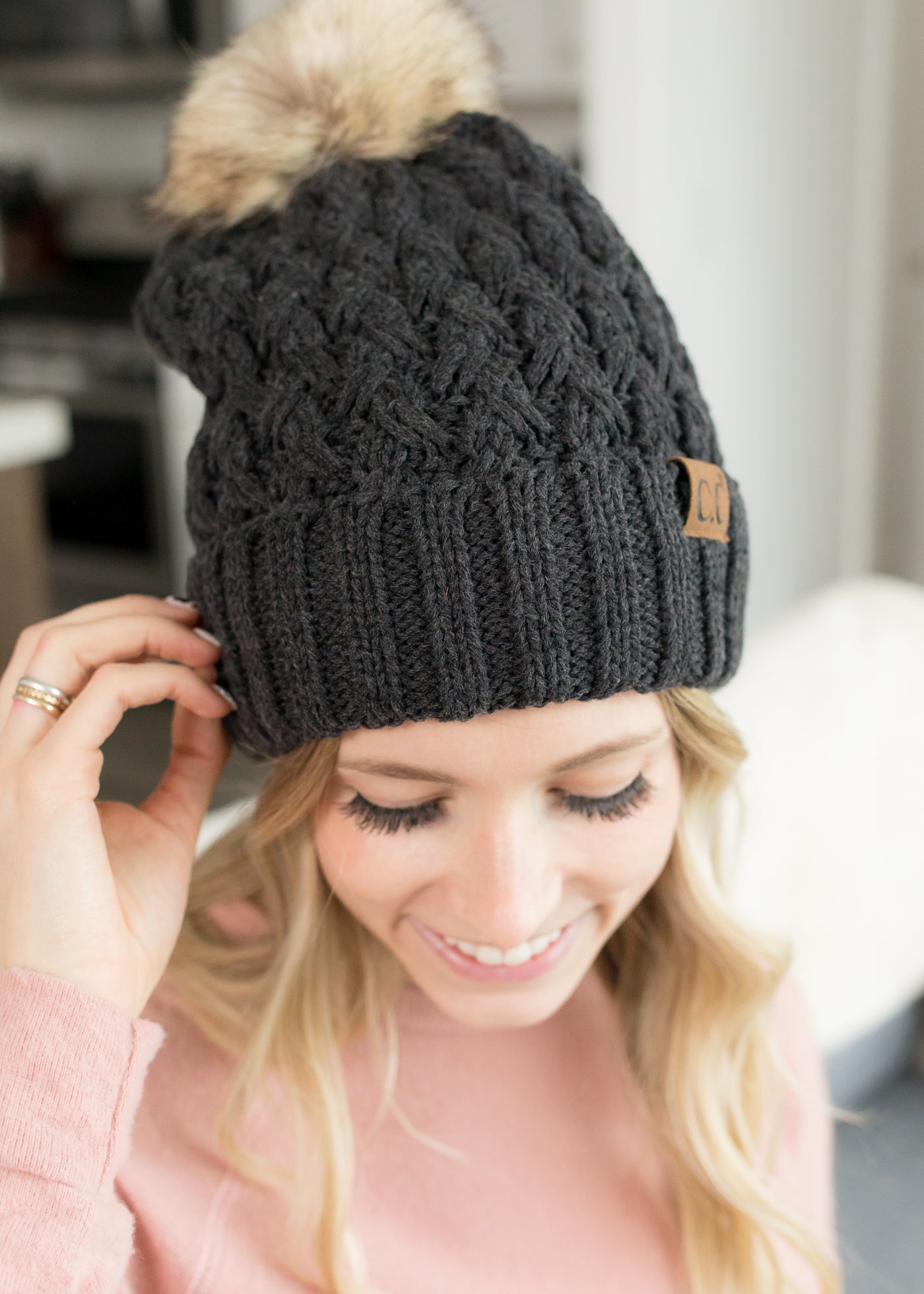Evelyn Charcoal Knit Pom Pom C.C Beanie