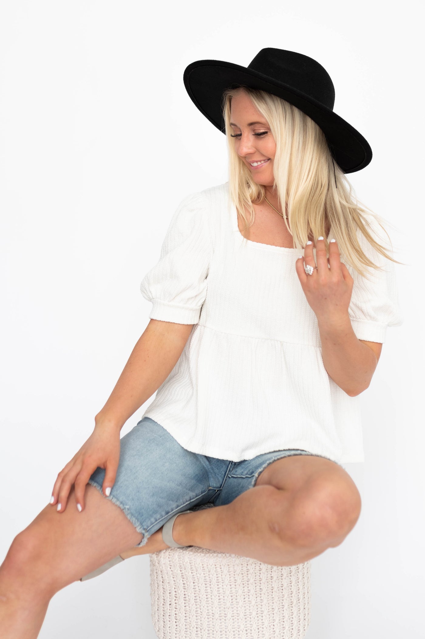 Short sleeve ivory top with puff sleeves