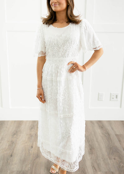 Short sleeve lace white floral dress