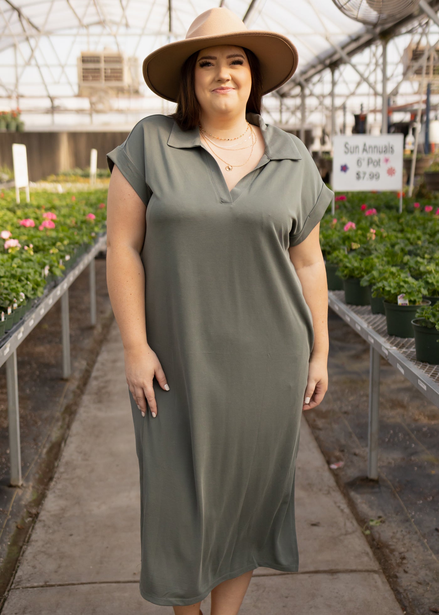 Short sleeve plus size olive dress with a collar