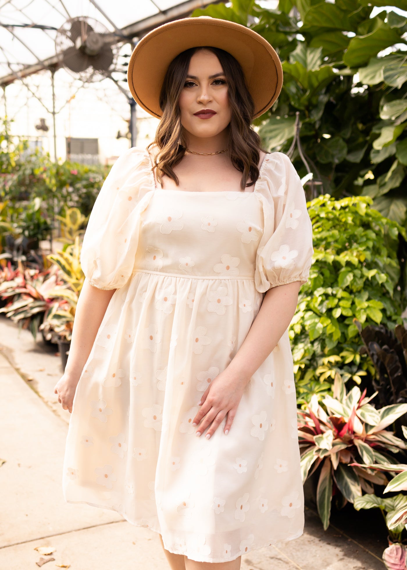Plus size cream floral dress with a square neck and high waist