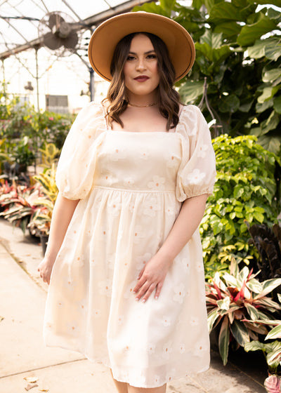 Plus size cream floral dress with a square neck and high waist