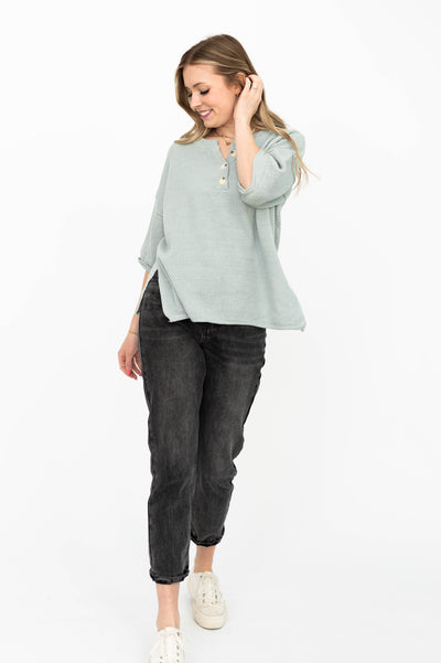 Short sleeve dusty sage top with slits on the sides