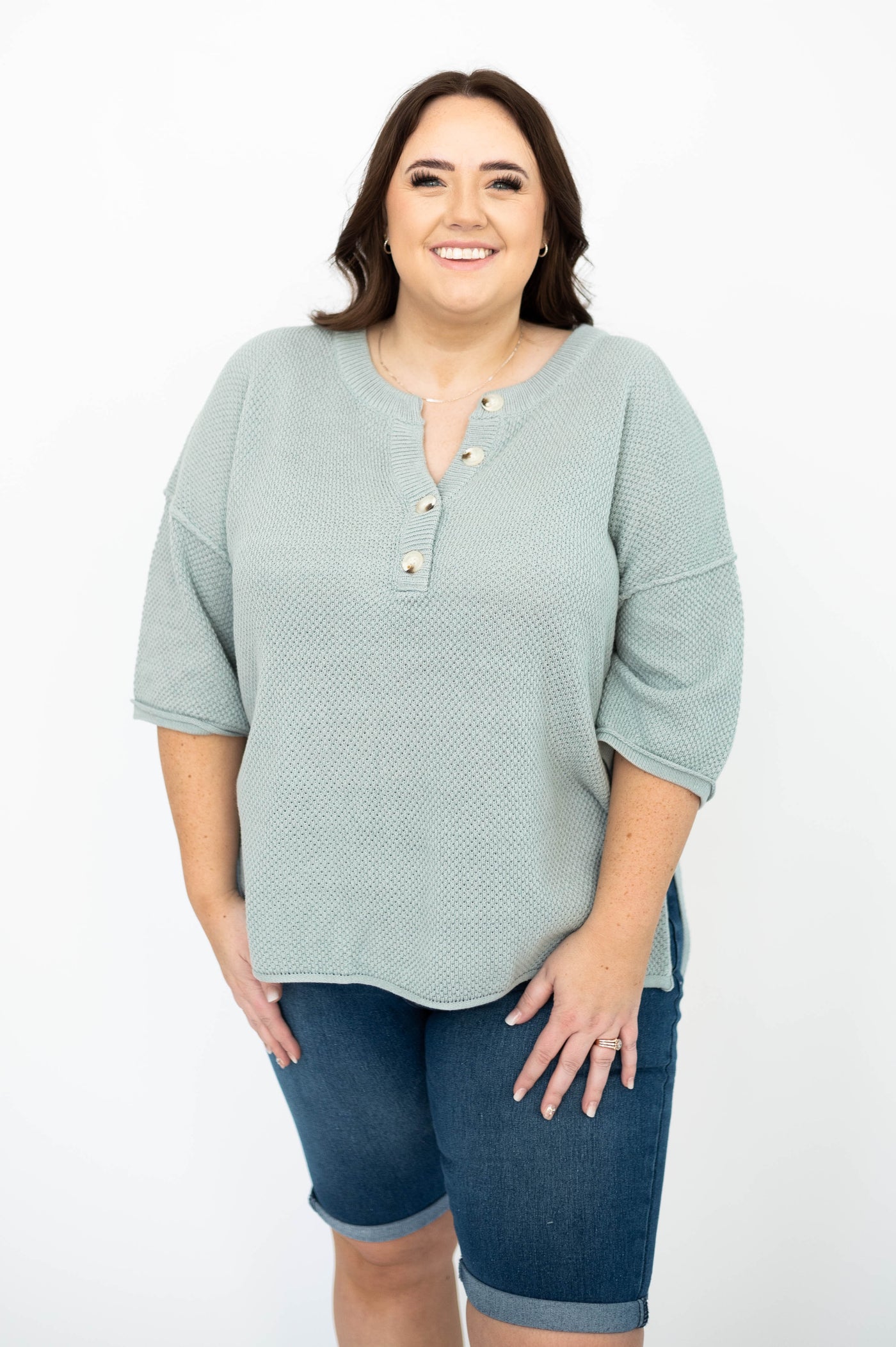 Plus size dusty sage top with short sleeves