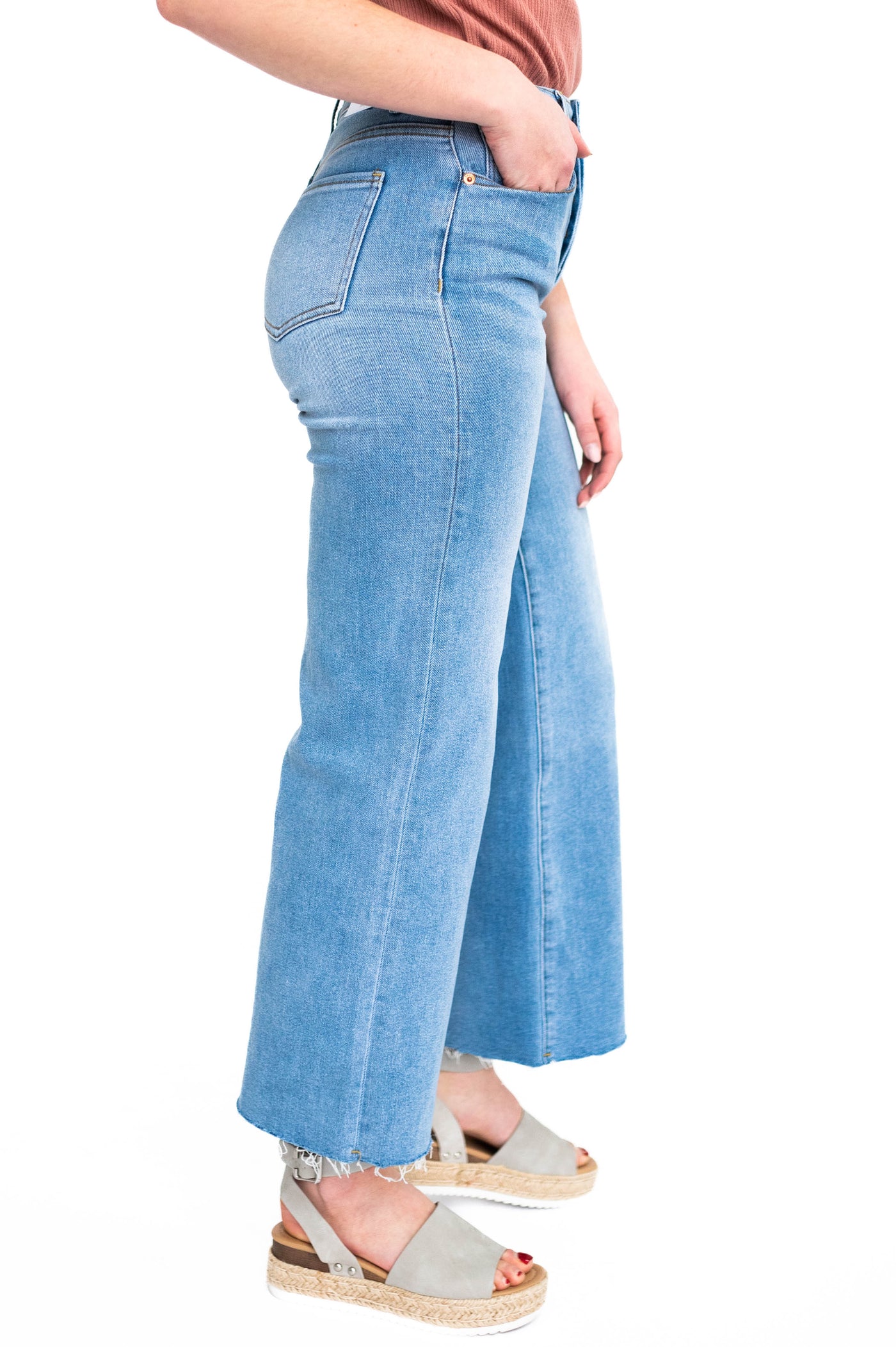 Side view of light indigo jeans