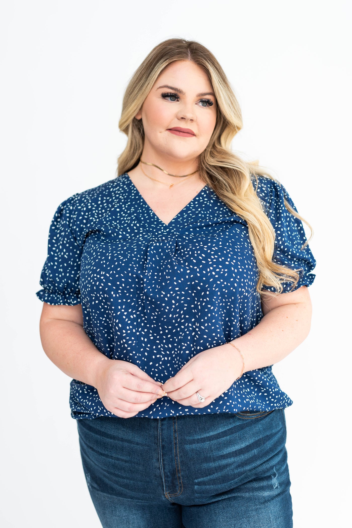 Plus size navy top with short sleeves