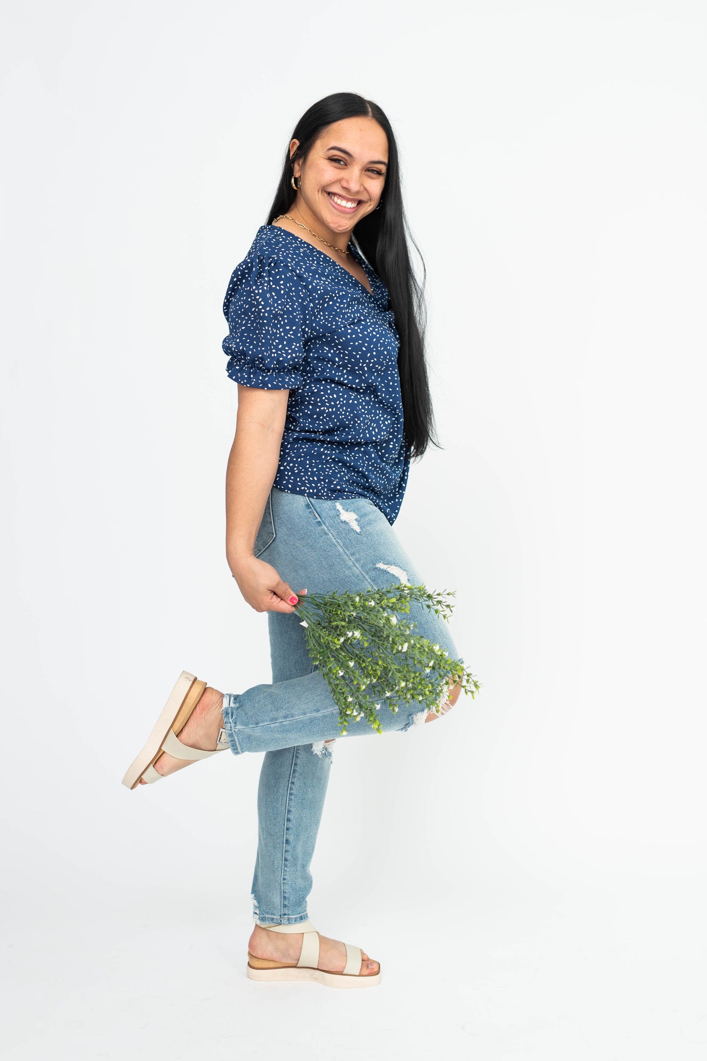 Large navy top with a v-neck