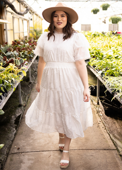 Short sleeve plus size white floral dress