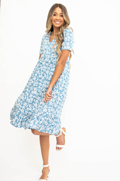 Knee length blue floral dress