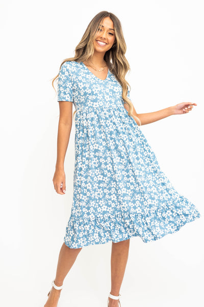 Short sleeve blue floral dress