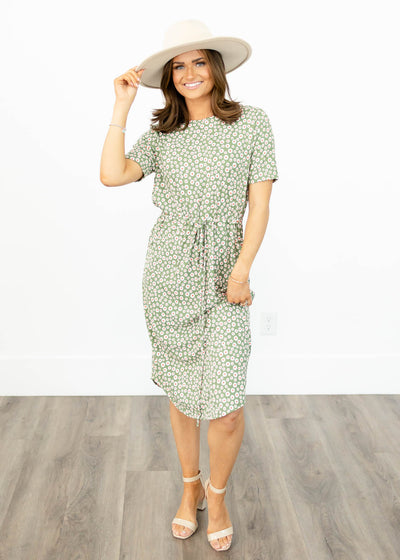 Olive floral dress with a tie at the waist