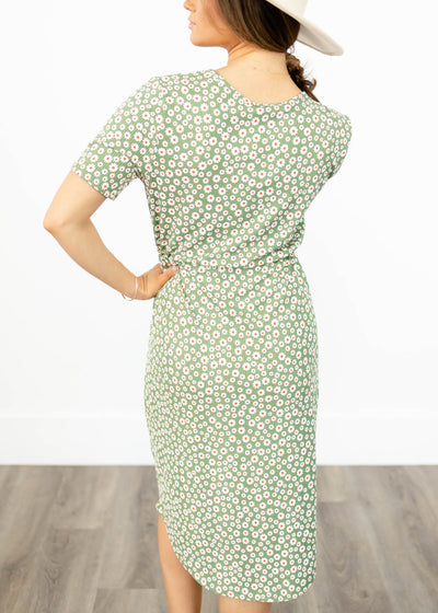 Back view of a olive floral dress