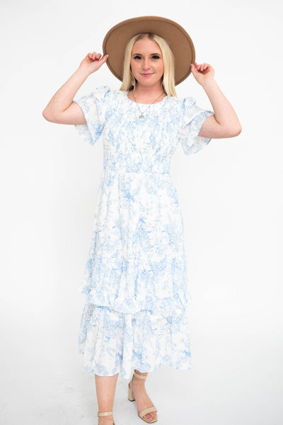 Blue floral dress with short sleeves