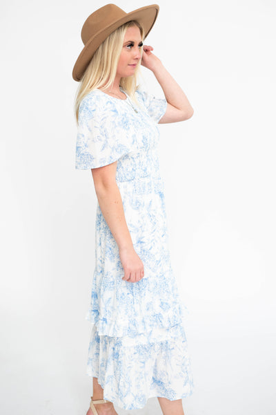 Side view of a blue floral dress