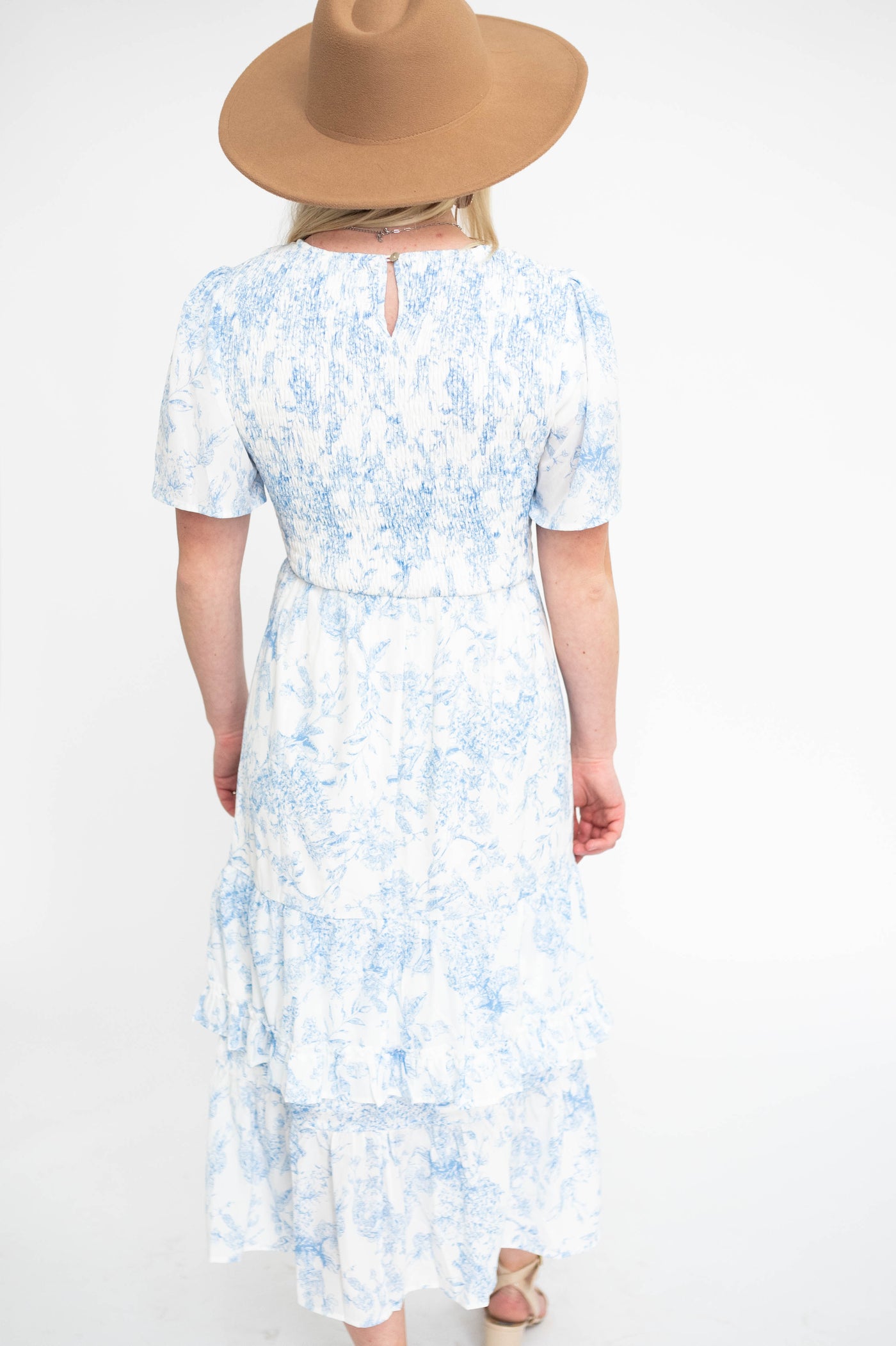 Back view of a blue floral dress