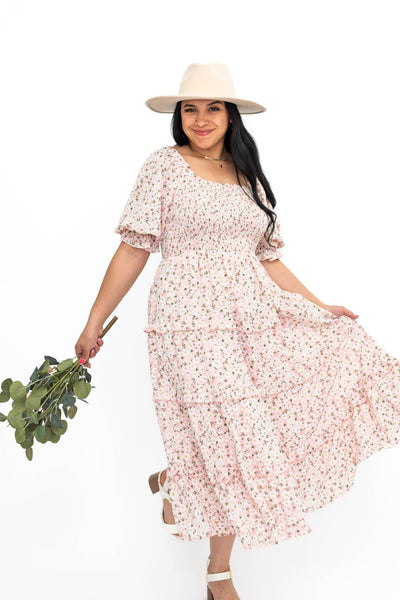 Large pink floral dress with short sleeves