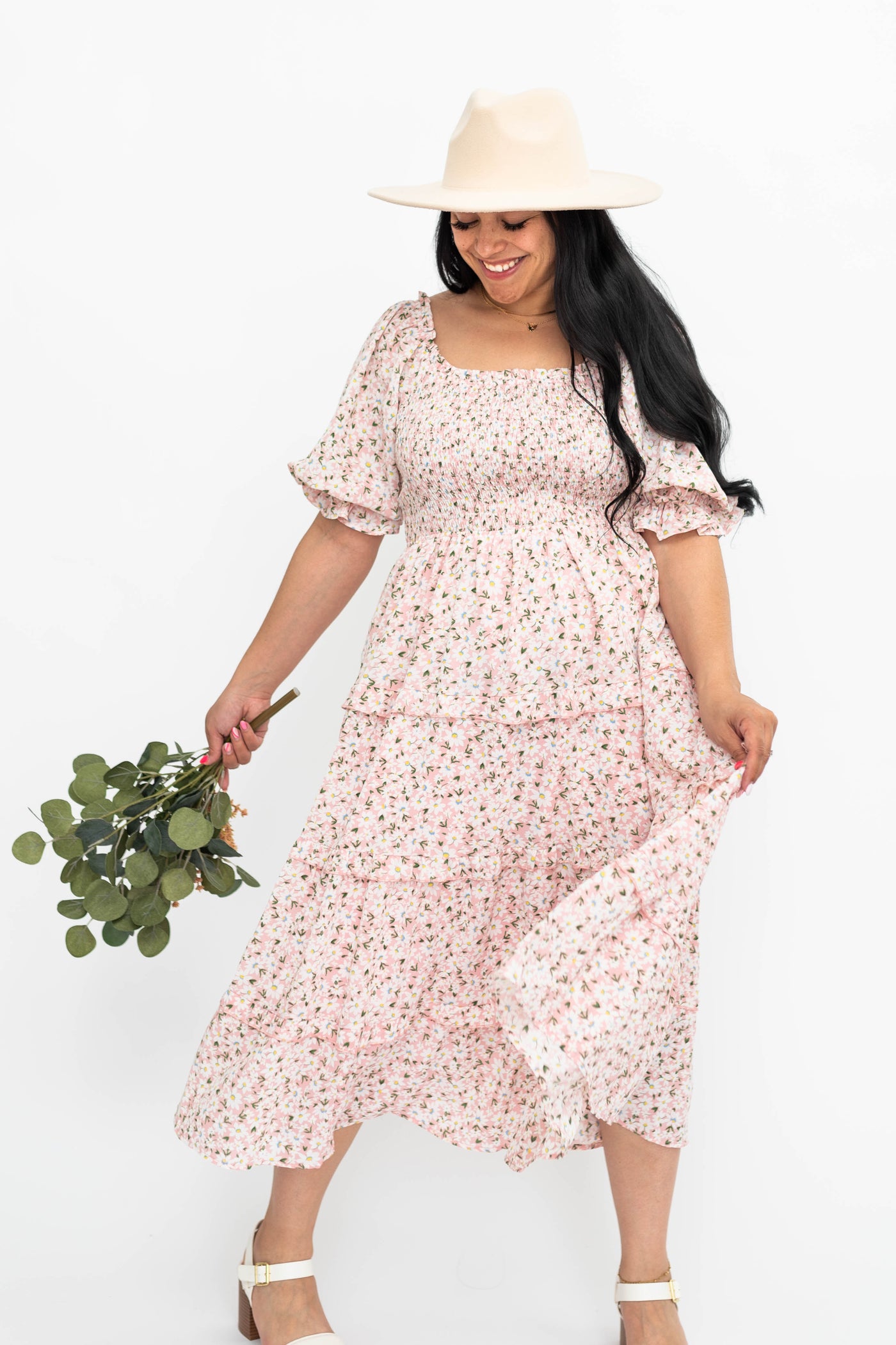 Pink floral dress with square neck