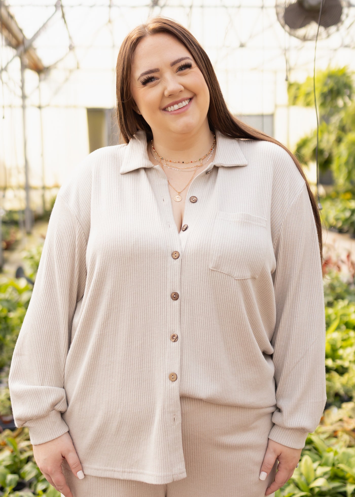 Plus size button up long sleeve taupe top